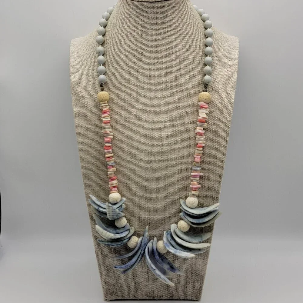 Vintage Shell And Stone Beaded Necklace 23 Inch Multicolor Multi Shell Sealife